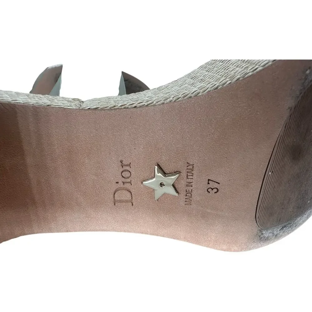 Christian Dior Leather Raffia Dway Embroidered Logo Platfrorm Sandals Beige 37